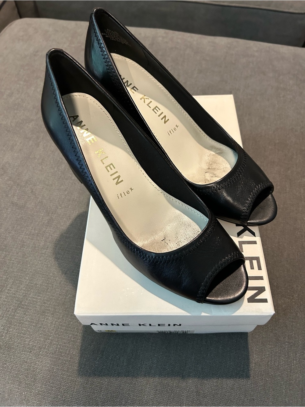 Anne Klein Meredith black leather peep toe pumps